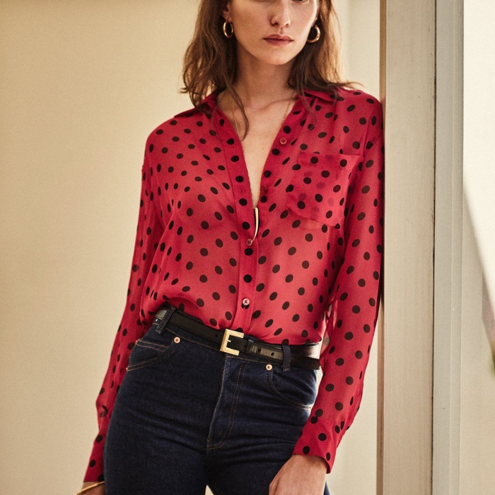 Equipment Red Polka Dot Silk Blouse with Black Dots